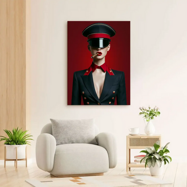 Close-up of red lips, gold buttons, and a dark visor hinting at mystery in fashionable wall art.
