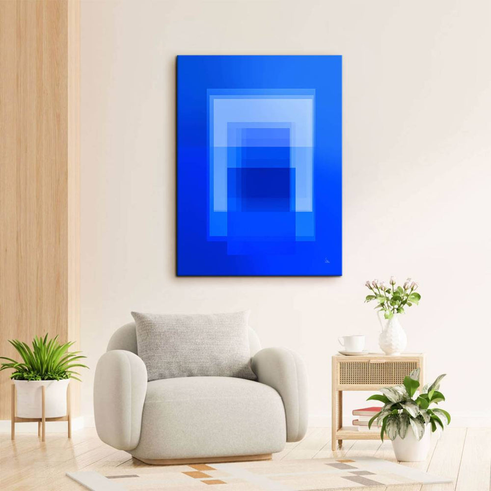 Minimalist geometric canvas painting featuring overlapping blue rectangles and transparent color fields.