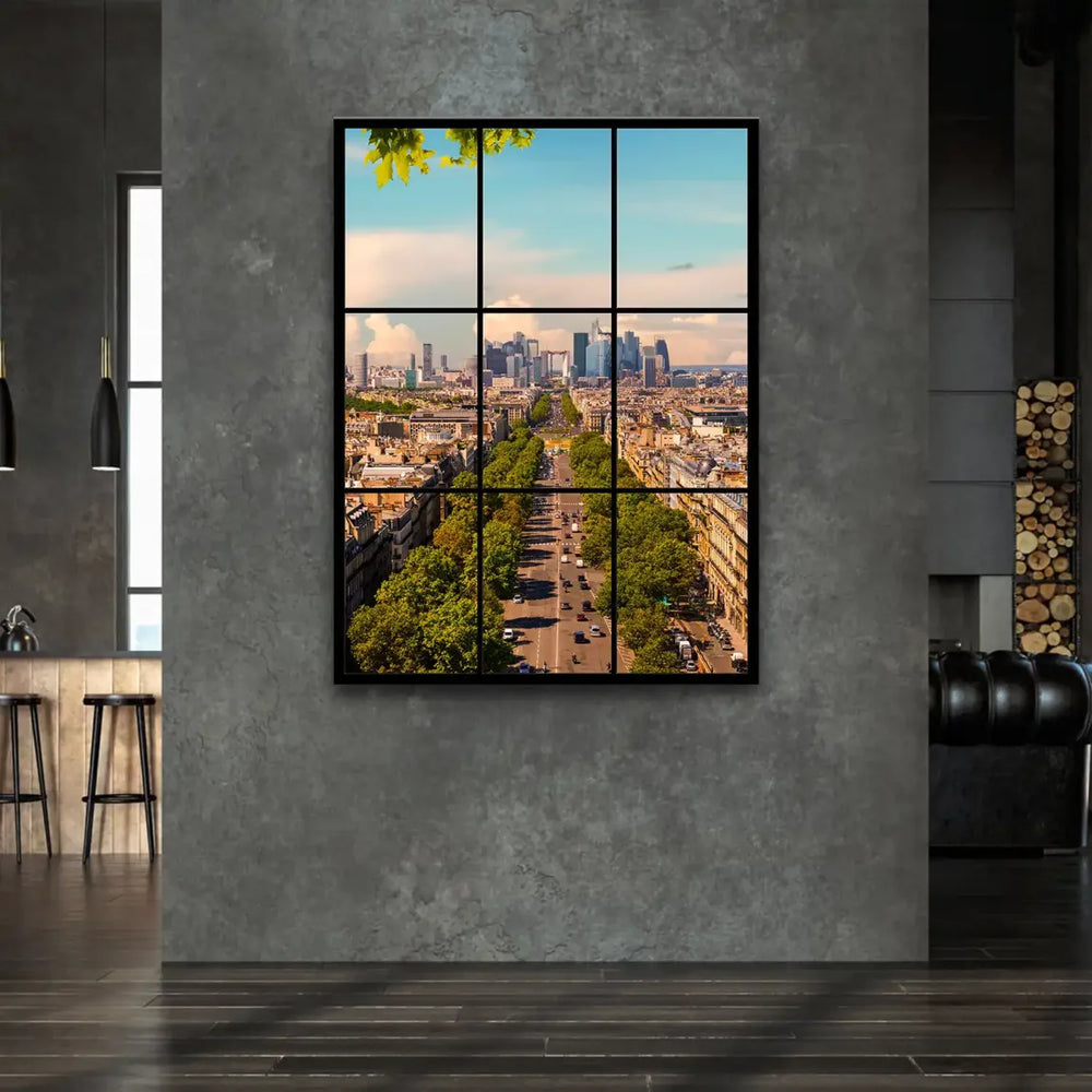 Wide cityscape of classic Parisian architecture and a grand boulevard, captured from a window-like perspective with soft color tones.