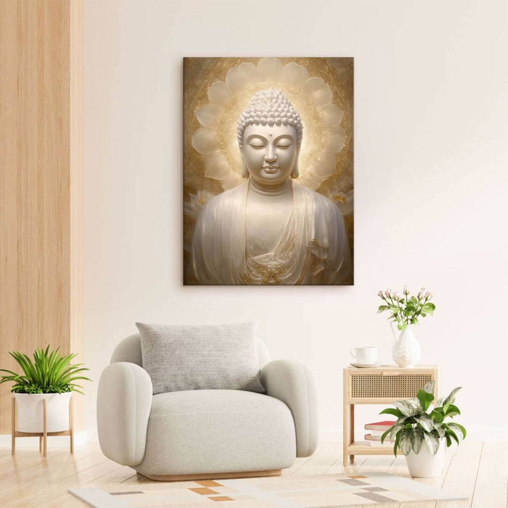 Lotus halo glows behind Buddha's head in warm gold and cream tones