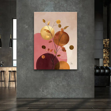 Close-up of a warm gold leaf against soft blush and terracotta tones in the abstract composition.
