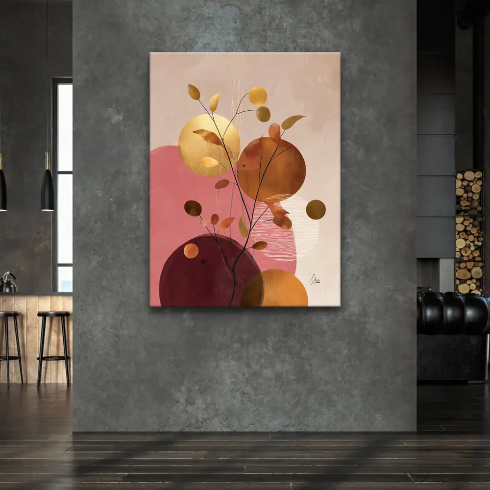 Close-up of a warm gold leaf against soft blush and terracotta tones in the abstract composition.