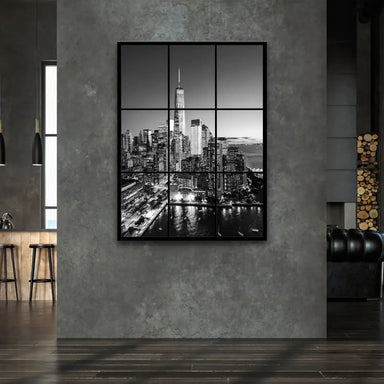 Night cityscape panel showing the illuminated Manhattan skyline against a deep night sky.