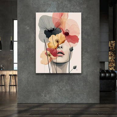Soft pastel blossoms overlay a woman's lower face in a minimalist canvas print.