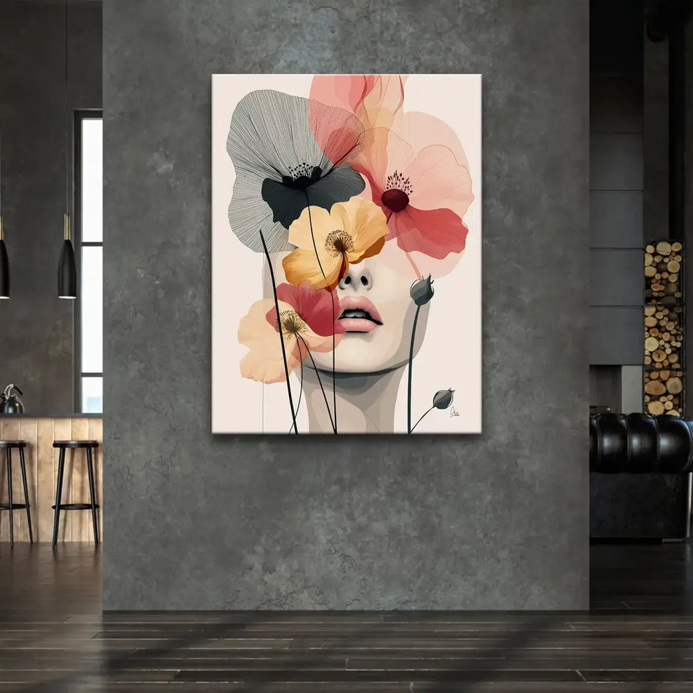 Soft pastel blossoms overlay a woman's lower face in a minimalist canvas print.