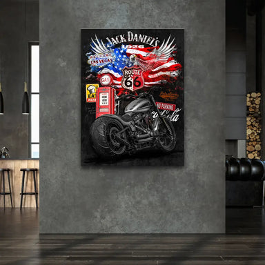Close-up of chrome Harley motorcycle against a red, white, and blue pop art backdrop.