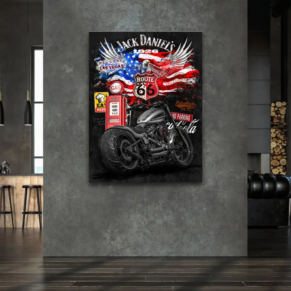 Close-up of chrome Harley motorcycle against a red, white, and blue pop art backdrop.