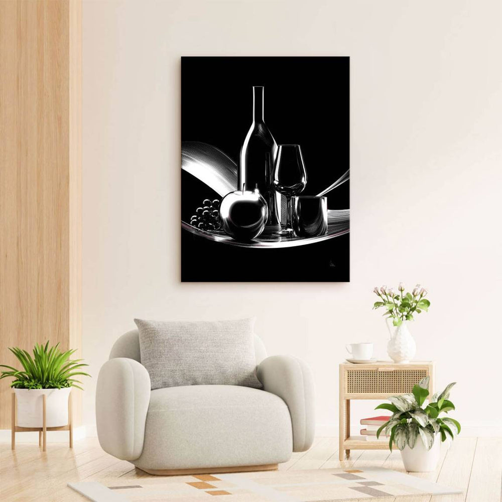 Wine Noir canvas art with minimal, elegant lighting in a modern dining room aesthetic.