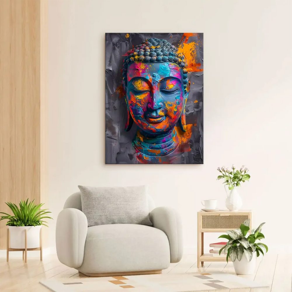 Religious wall art featuring a meditative Buddha portrait in abstract expressionist style