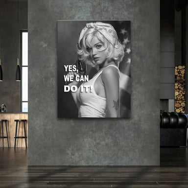 Rosie the Riveter-inspired portrait with bold YES, WE CAN DO IT! text and subtle Americana backdrop