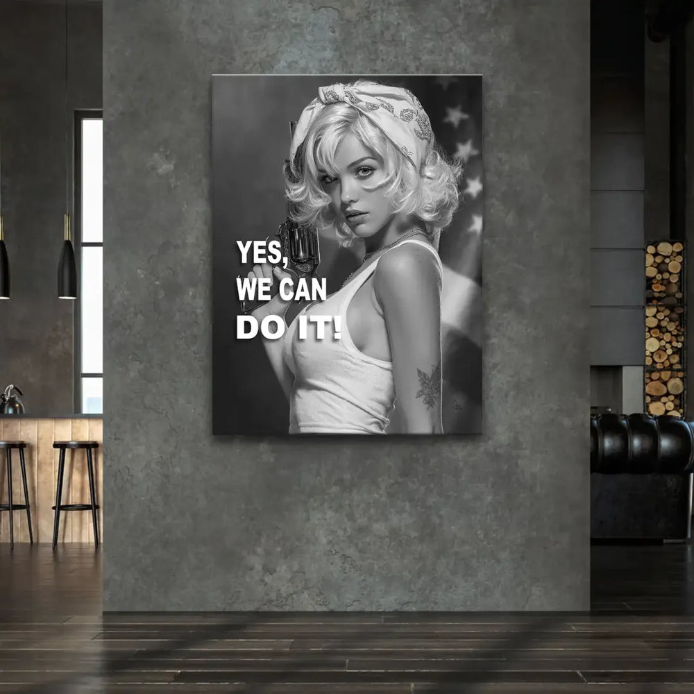 Rosie the Riveter-inspired portrait with bold YES, WE CAN DO IT! text and subtle Americana backdrop