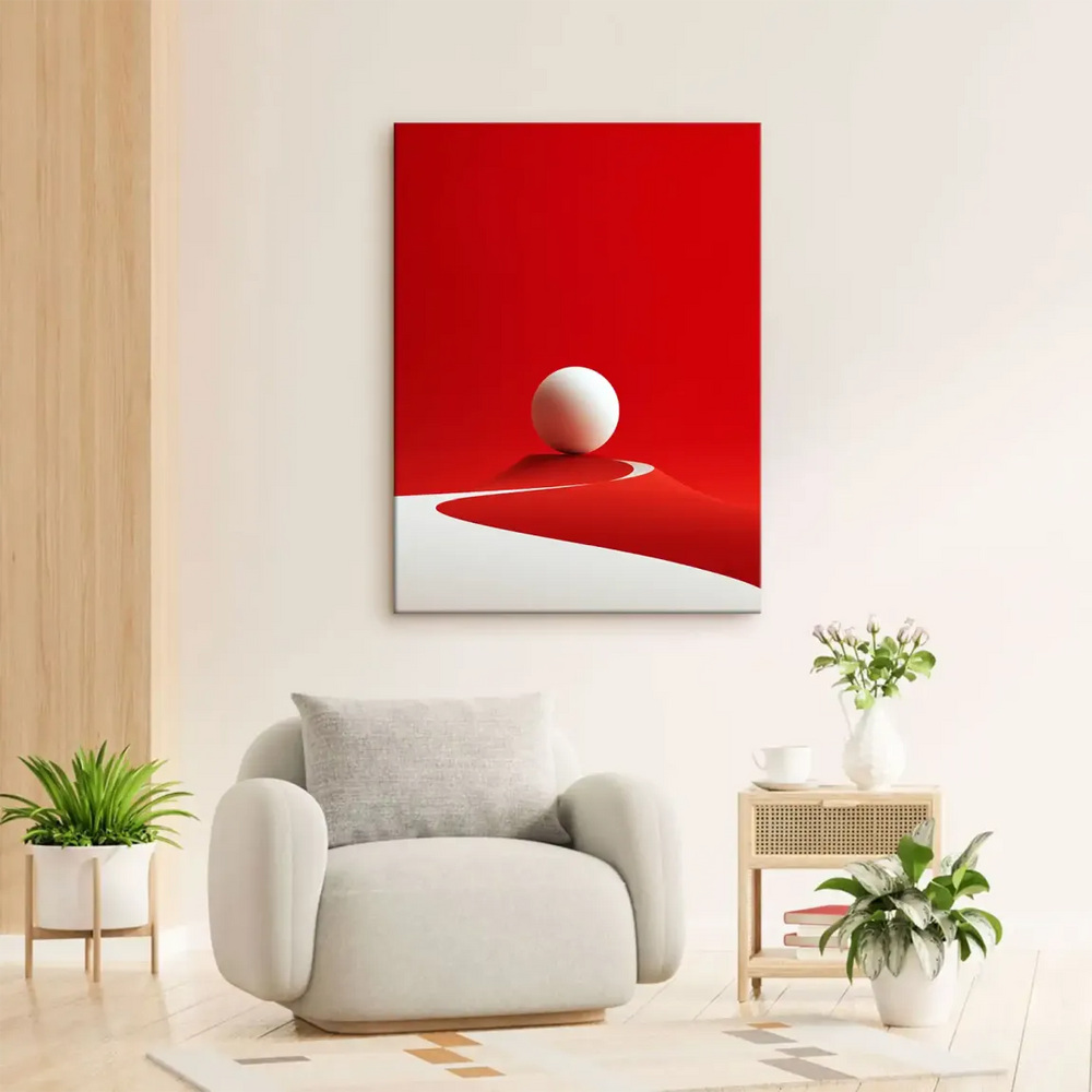 Minimalist red and white abstract artwork featuring a sphere