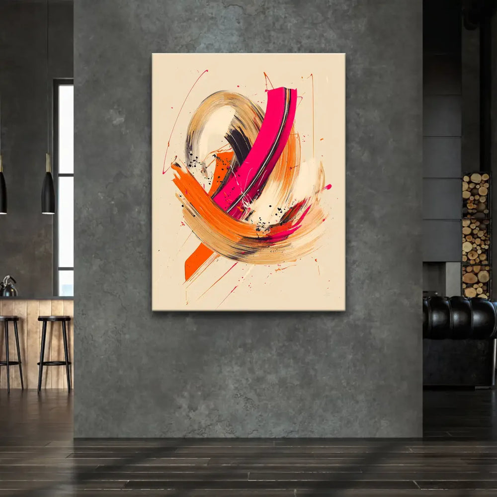 Modern wall art: vibrant pink and orange abstract canvas with beige field and metallic highlights.