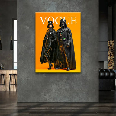 Close-up of Darth Vader's black helmet beside a chic female figure against a bright yellow background with magazine masthead.