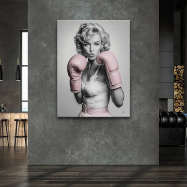Marilyn Monroe punch canvas wall art highlighting pink gloves and pink skirt details