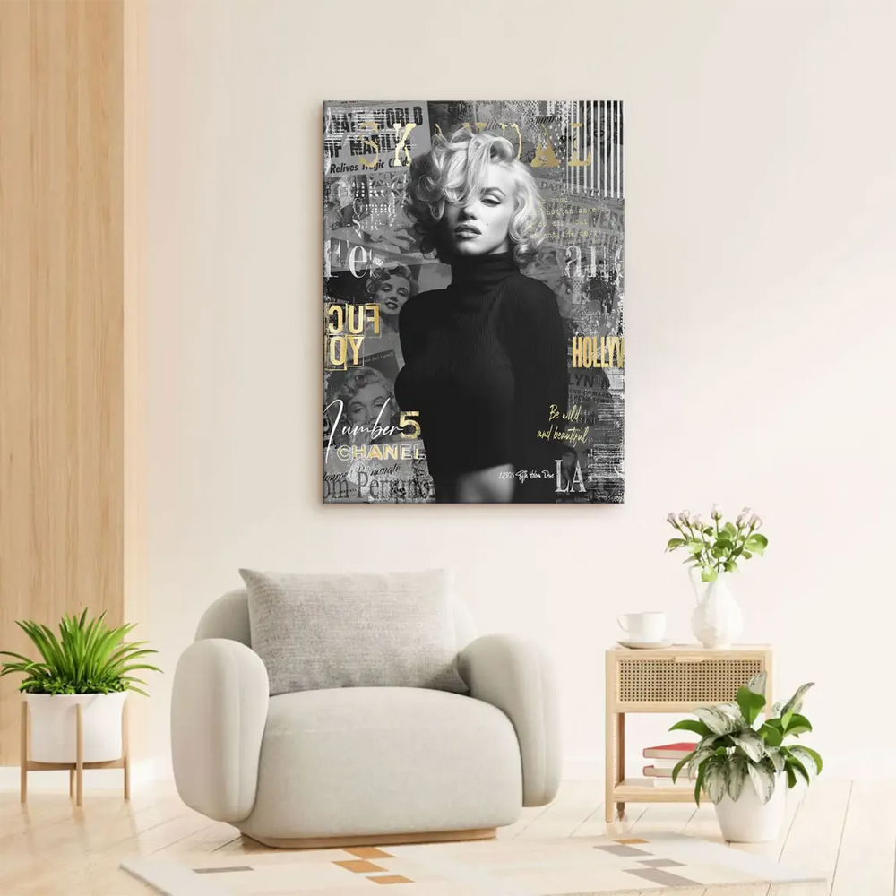 Close-up of Marilyn Monroe in a stylish black turtleneck as part of a retro pop art poster