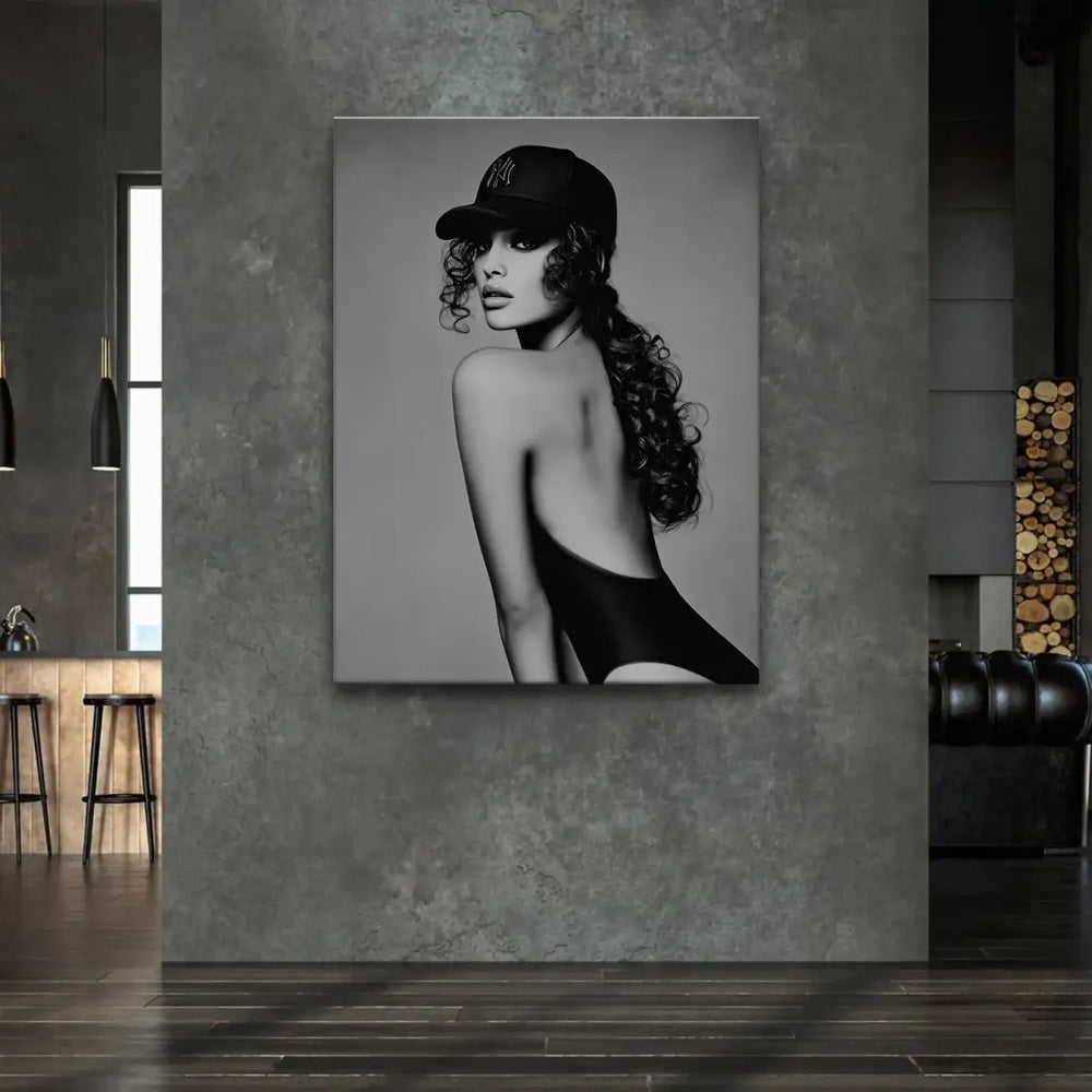 Monochrome fashion photography vibe with bold pose and minimalist styling.