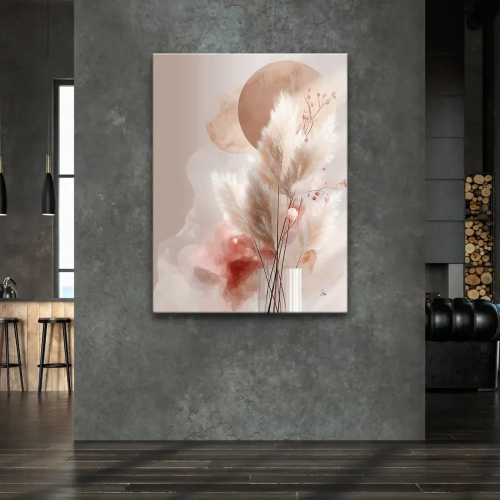 Abstract beige and cream background washes complement the floral composition of Amber Fields
