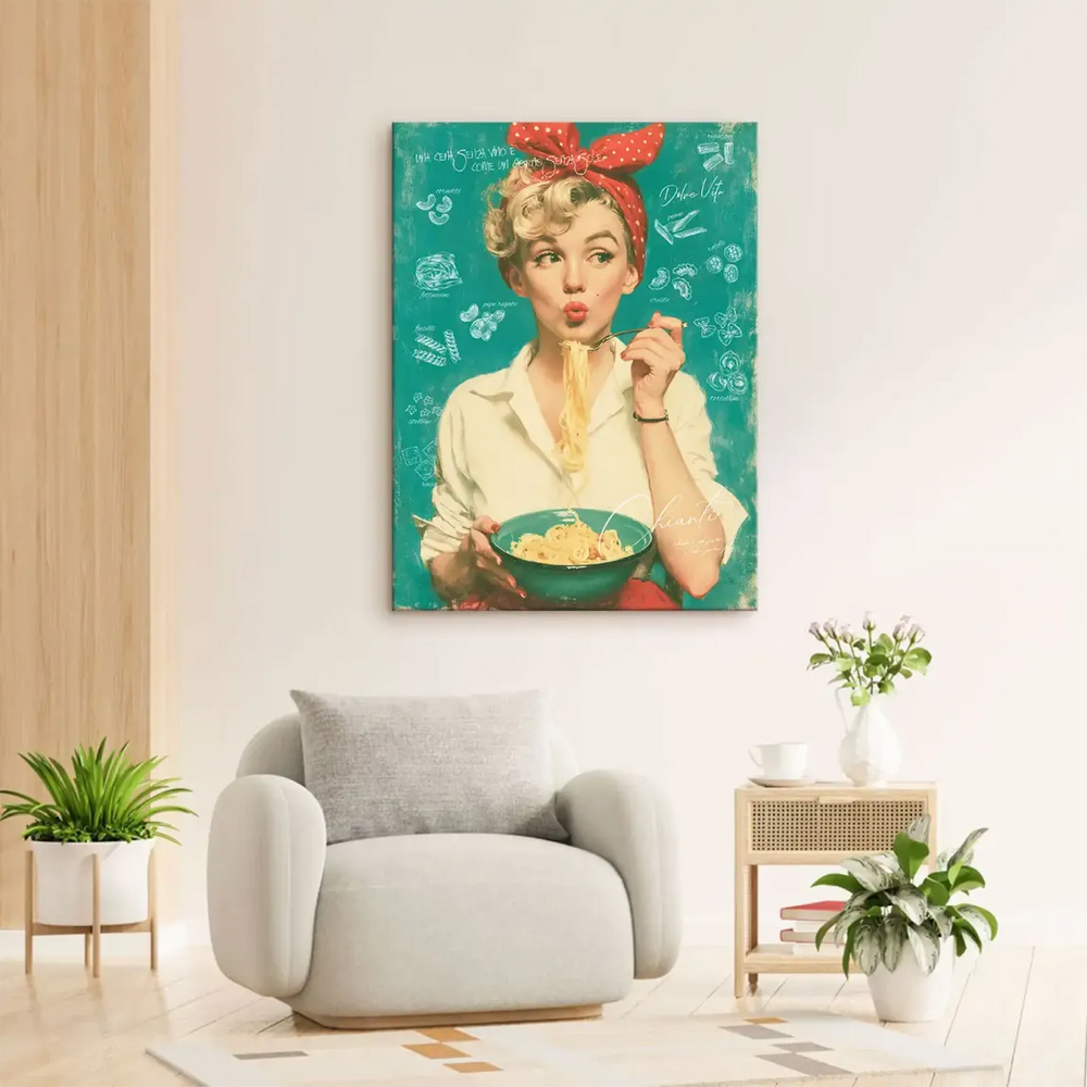 Chalk style pasta doodles and Italian phrases Sweet Life and Chianti wine decorate the vintage pop art portrait