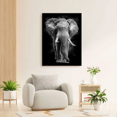 Grayscale wildlife canvas print featuring a majestic elephant for modern decor