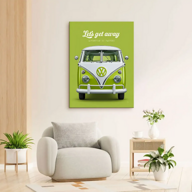 Front-facing lime VW camper against a bold lime background in retro pop art style