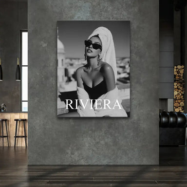 Portrait fashion wall art featuring a chic woman wrapped in a towel with Riviera typography on the backdrop