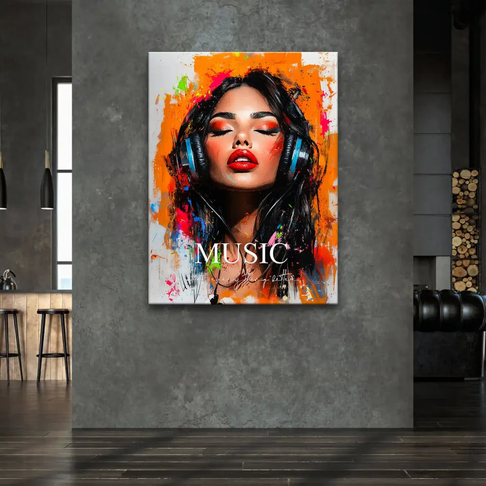 Pop art street art inspired music portrait with red lips and neon color splashes
