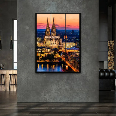 Second panel highlights the Cologne Cathedral against a warm sunset and glowing riverfront