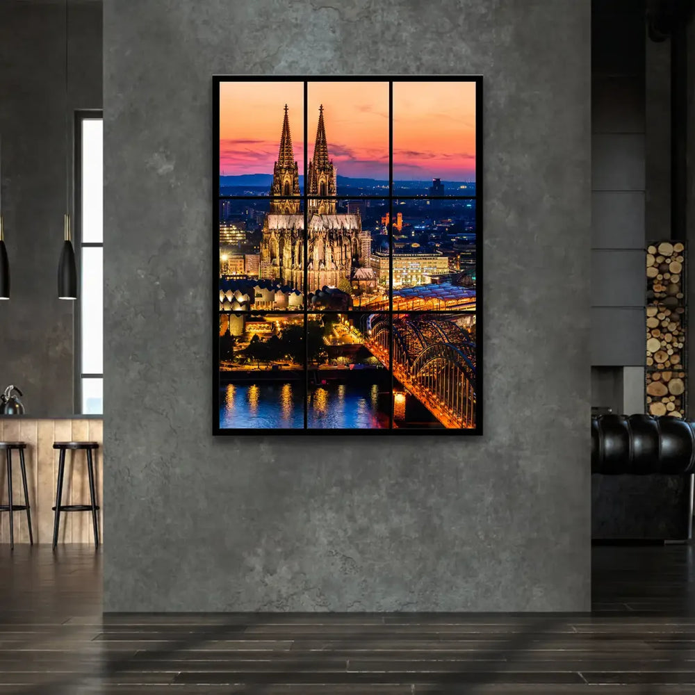 Second panel highlights the Cologne Cathedral against a warm sunset and glowing riverfront