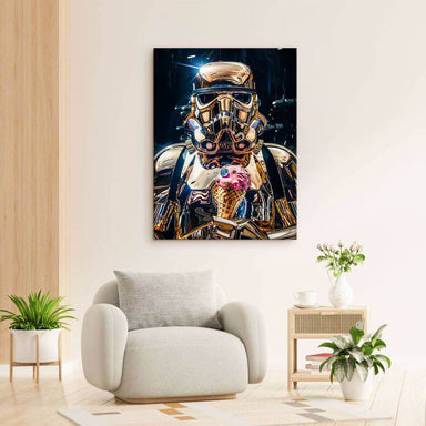 Shiny gold and black Pop Art depiction of a Stormtrooper holding a pink ice cream.