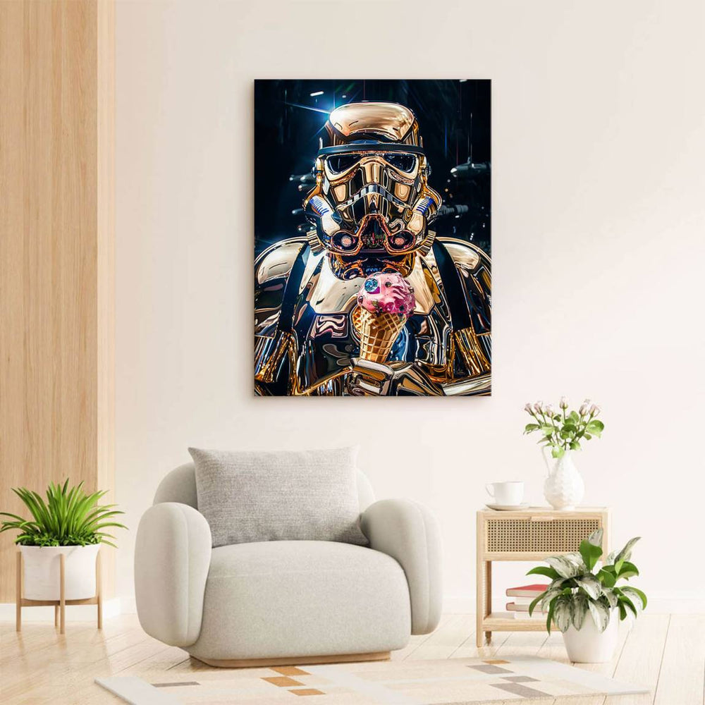 Shiny gold and black Pop Art depiction of a Stormtrooper holding a pink ice cream.