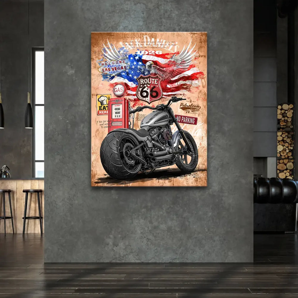 Bald eagle over a tattered American flag in vintage Route 66 collage canvas