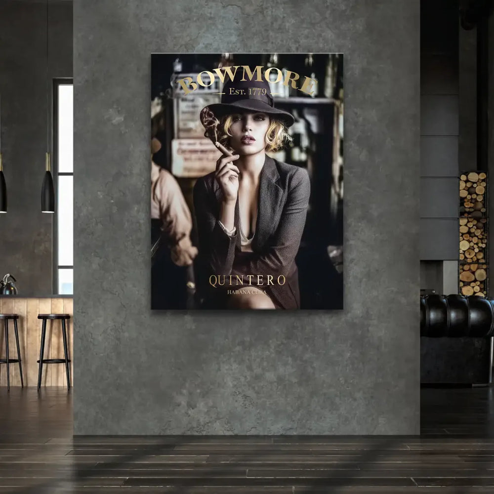 Vintage bar art wall decor with a stylish woman in early 20th-century fashion, film noir mood