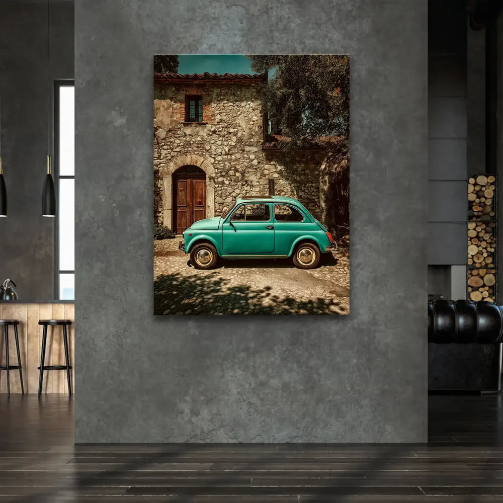 Wide view of the car against warm Tuscan architecture and greenery
