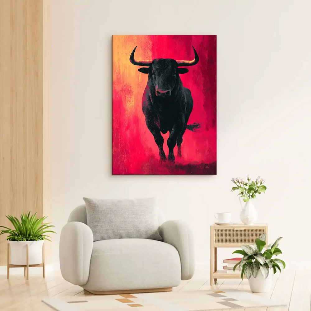 Central silhouette of a bull in a vivid expressionist canvas wall art, red and orange tones.