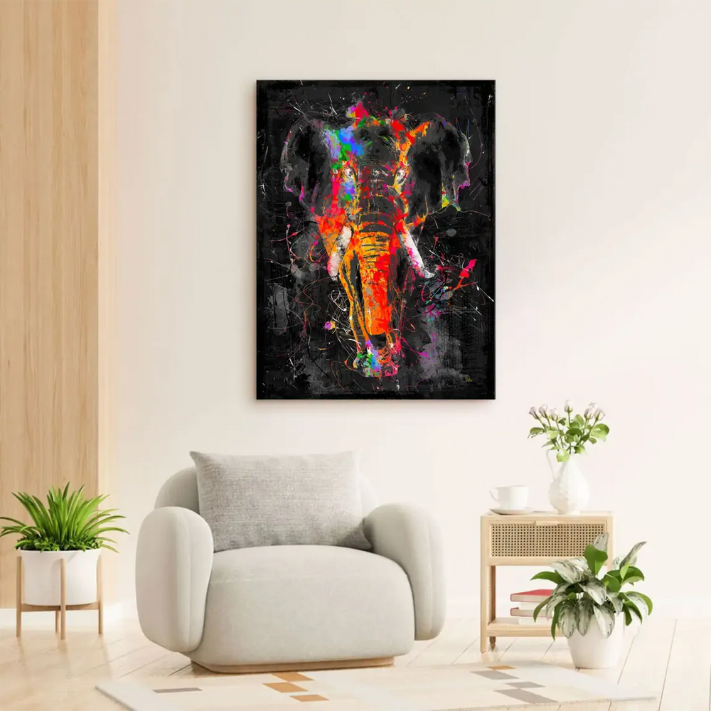 Bright neon color palette in abstract elephant art for modern interiors.