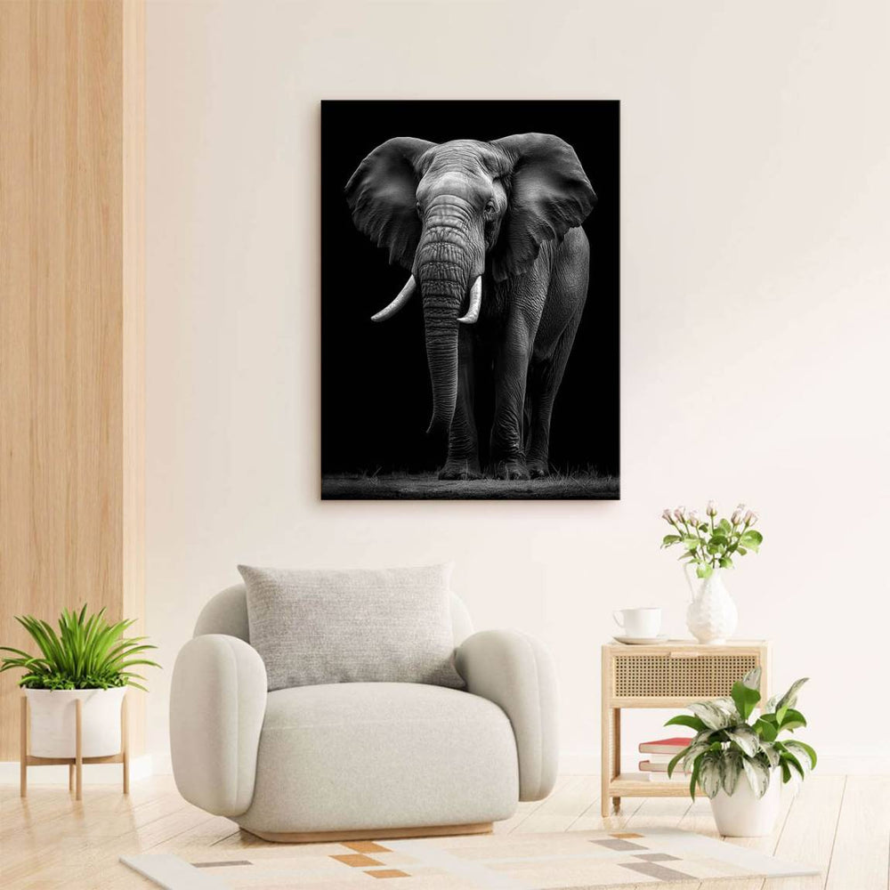Black and white elephant canvas print with textured skin close-up.