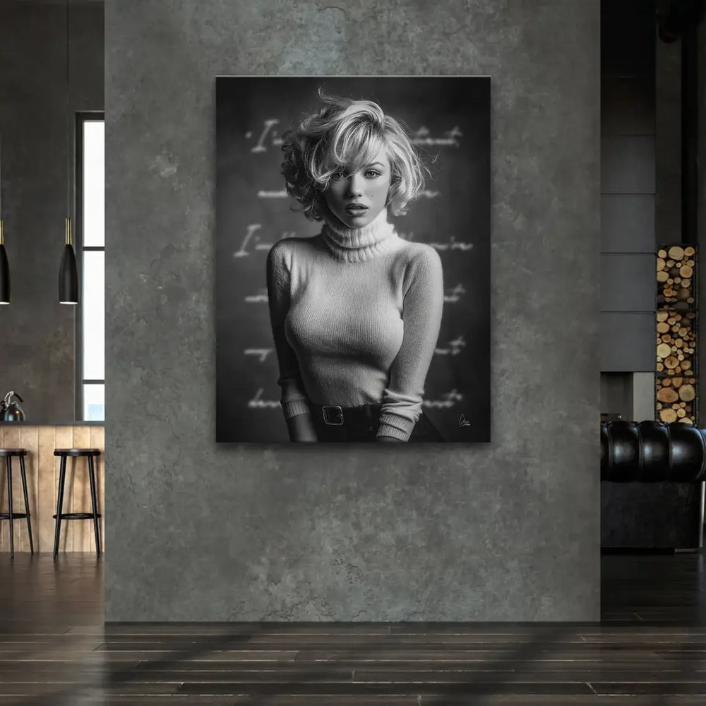 Waist-up fashion portrait with cursive script backdrop for modern living room decor
