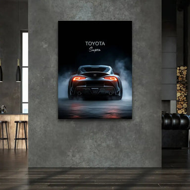 Cinematic automotive wall art featuring Toyota Supra with wet ground reflections