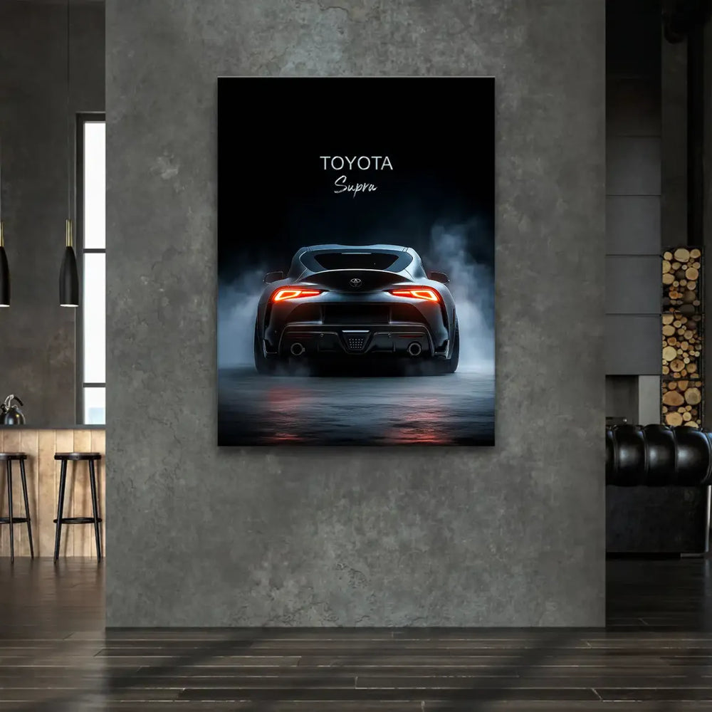 Cinematic automotive wall art featuring Toyota Supra with wet ground reflections