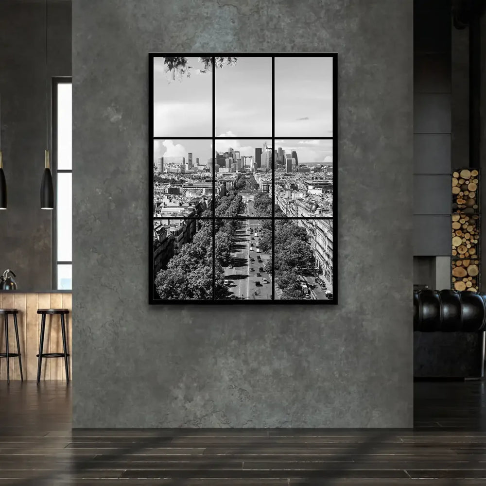 Window-grid perspective highlighting depth in a grayscale view of Paris streets and distant towers.