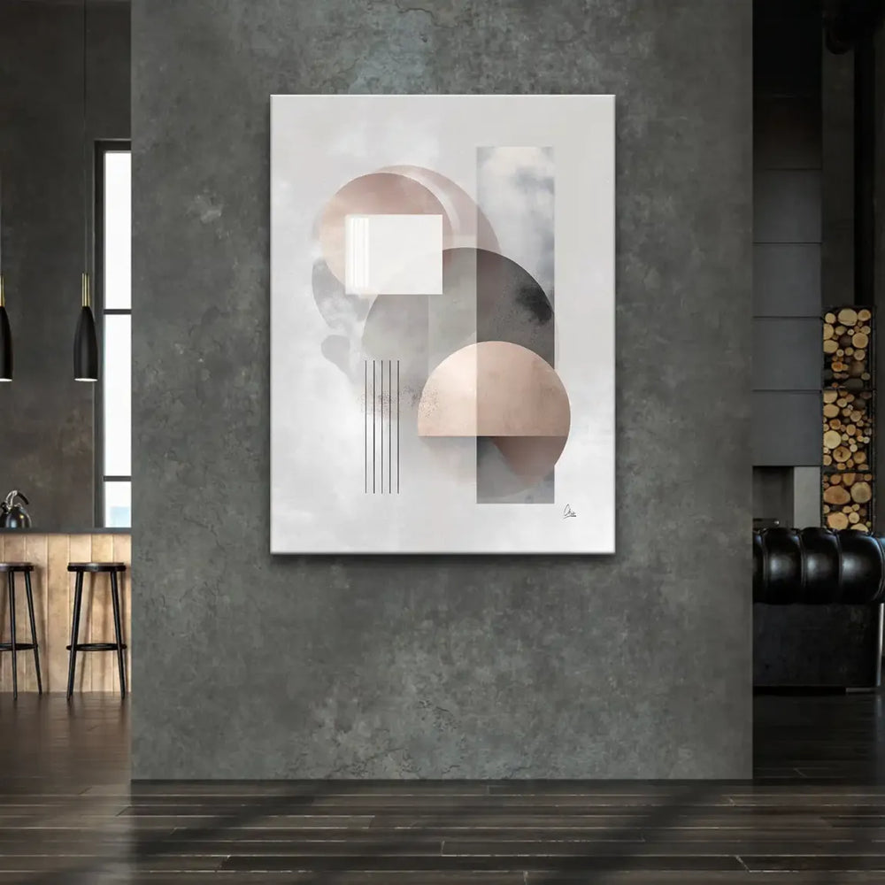 Close-up detail of layered geometric shapes in soft neutral tones on a canvas.