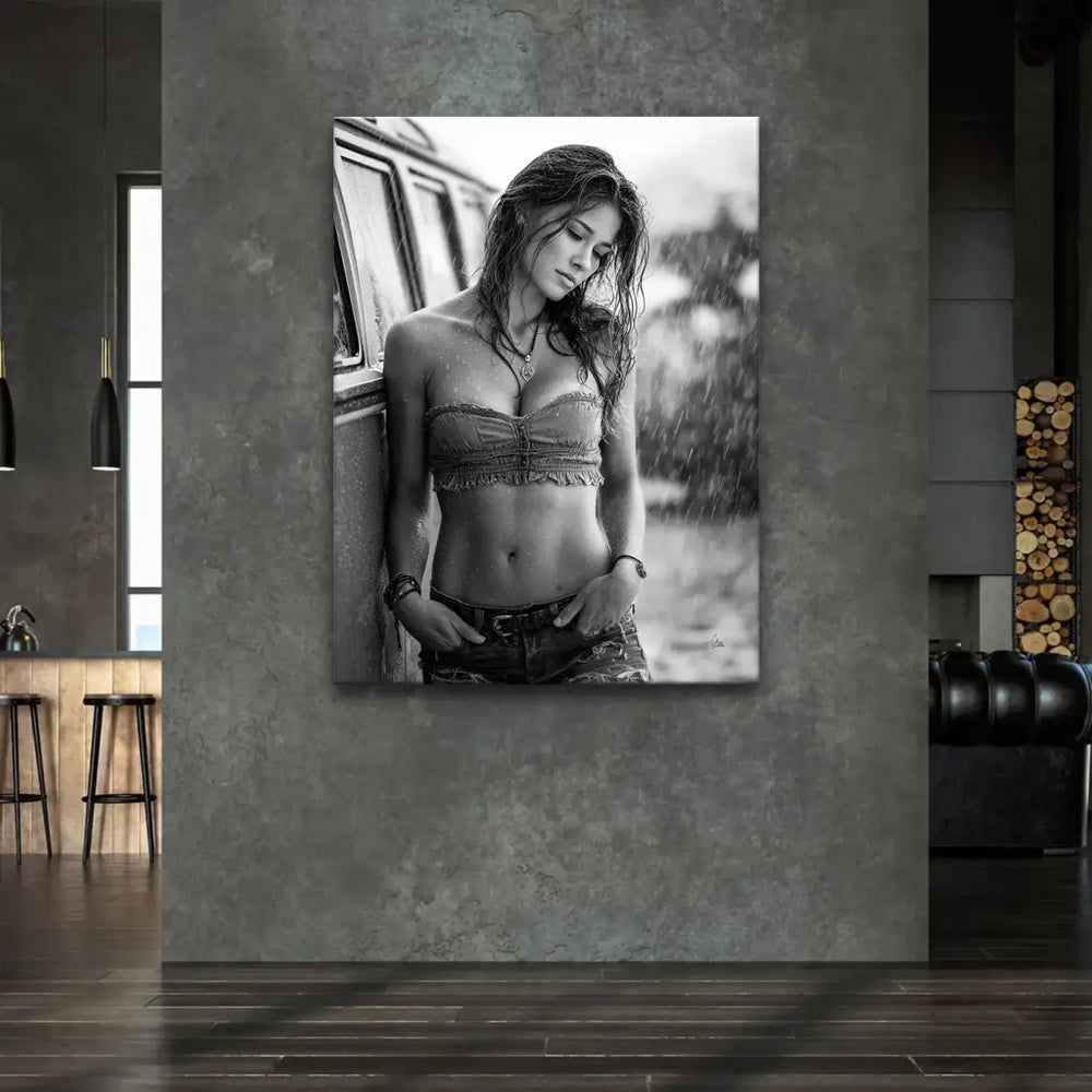 Moody Summer Rain canvas wall art with a pensive female figure