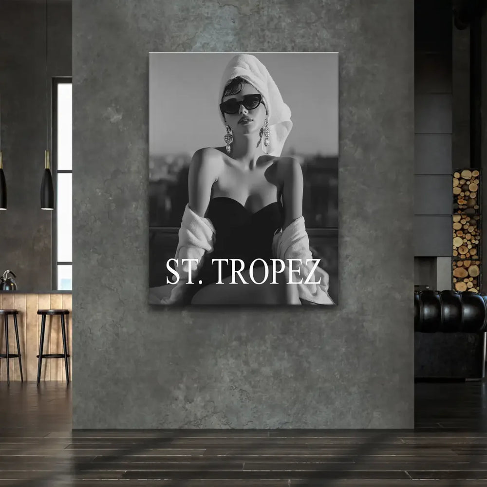 Towel-wrapped head and strapless swimsuit featured in a fashion portrait on canvas wall art