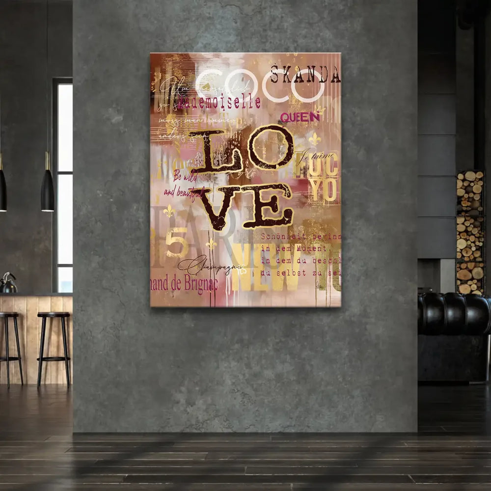 Distressed LOVE lettering with Coco Mademoiselle, QUEEN, and Be wild and beautiful phrases and German translation on a luxurious canvas