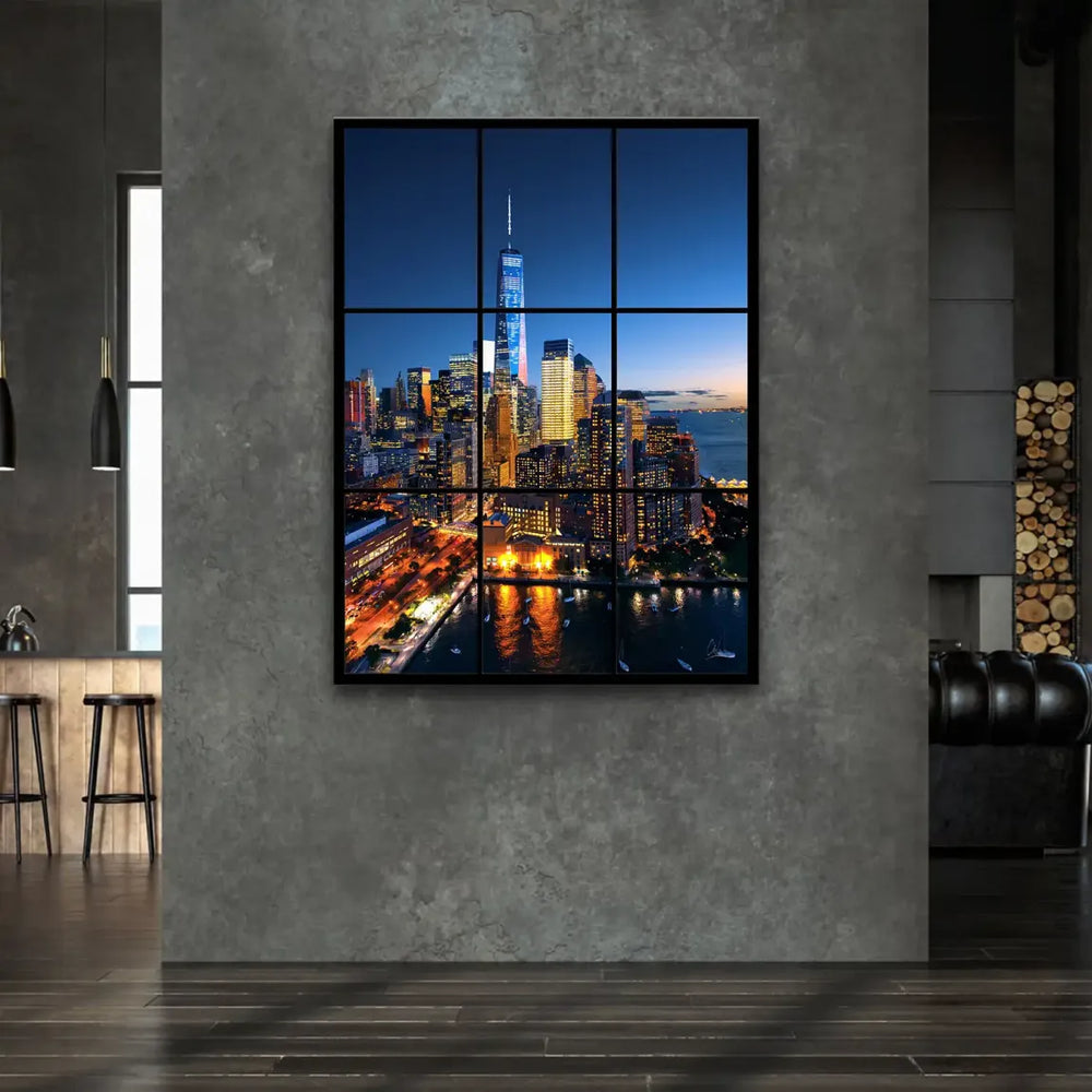 One World Trade Center glowing amid blue and purple twilight above a busy urban landscape.
