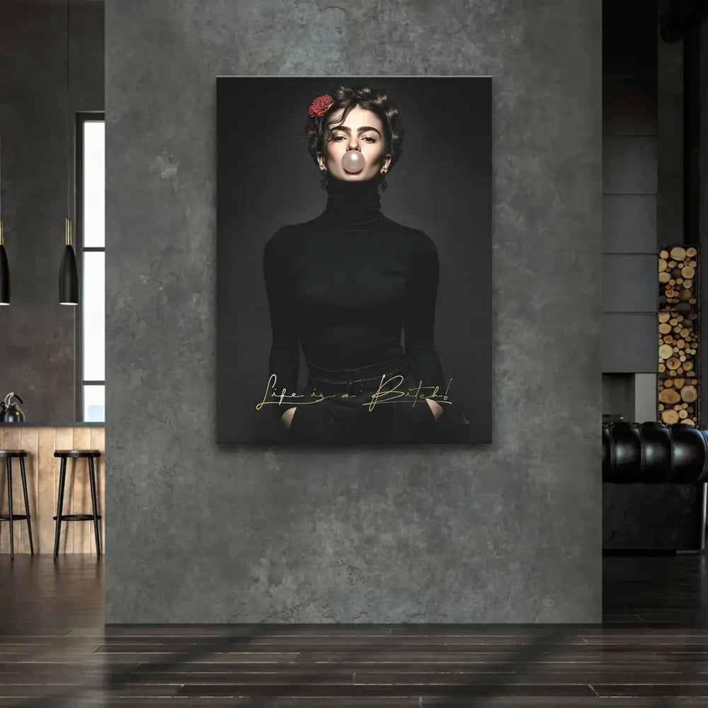 Monochrome portrait with gold script on a modern pop art canvas