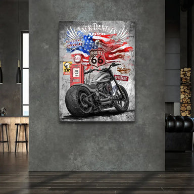 Background includes Route 66 sign, Las Vegas sign, retro gas pump, and a distressed American flag with an eagle