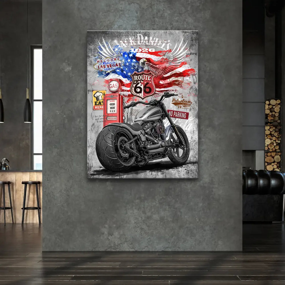 Background includes Route 66 sign, Las Vegas sign, retro gas pump, and a distressed American flag with an eagle