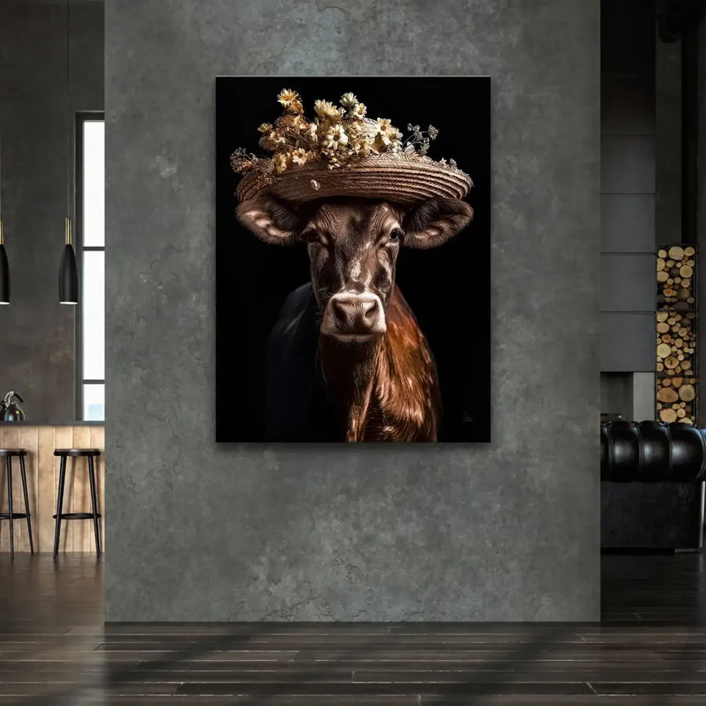 Realistic painting of a brown cow wearing a rustic straw hat with flowers